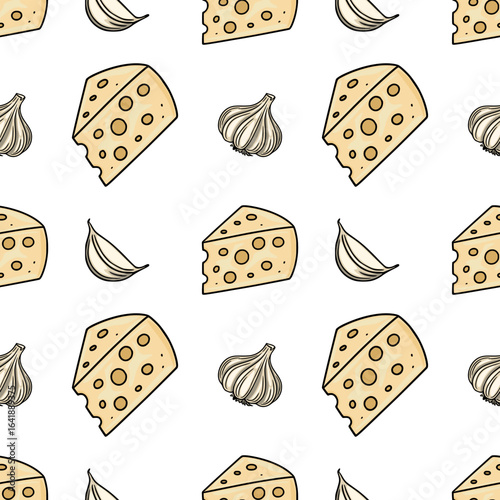 Seamless vector pattern featuring hand-drawn illustrations of cheese wedges and garlic cloves, creating a playful and appetizing design ideal for culinary-themed projects.
