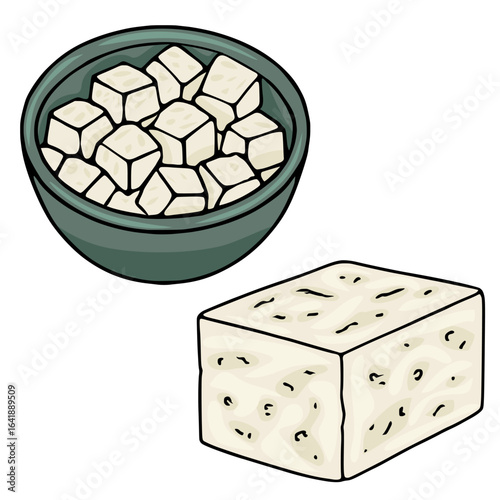A vector illustration showcasing a block of Feta cheese and a bowl of cubed Feta cheese, rendered in a hand-drawn style with a creamy off-white color palette and dark green bowl accents.