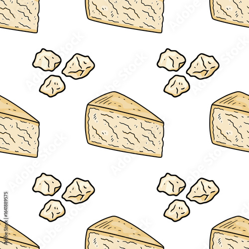 Seamless vector pattern featuring hand-drawn illustrations of Parmesan cheese wedges and crumbles, creating a visually appealing and appetizing design for culinary or food-related projects.