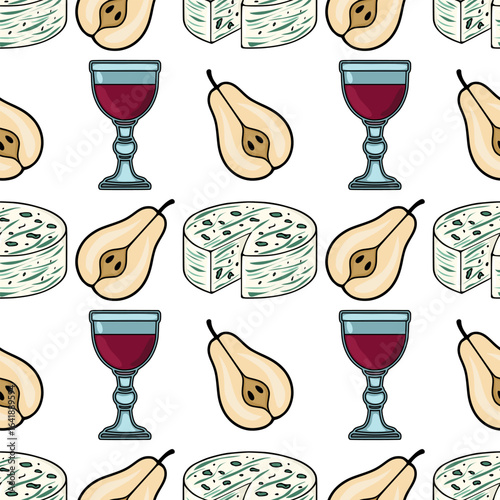 Seamless vector pattern featuring hand-drawn illustrations of gorgonzola cheese, ripe pears, and glasses of red wine, creating a sophisticated and appetizing design.