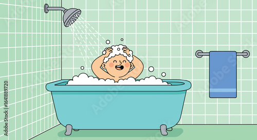 Cartoon bathroom scene, person bathing, soap bubbles, blue bathtub, showerhead, washing hair, tiled wall, towel rack, hygiene, clean