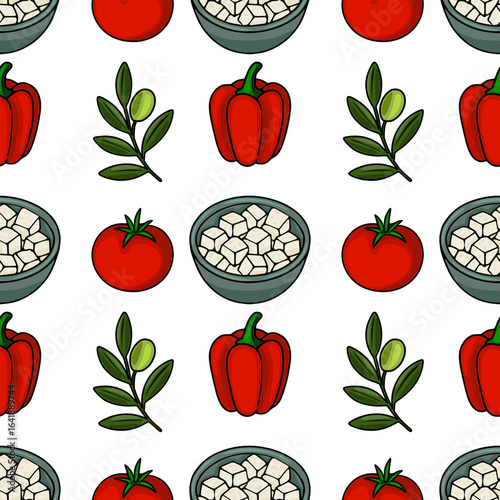 Seamless vector pattern featuring vibrant red tomatoes, bell peppers, feta cheese in bowls, and olive branches, creating a fresh and appetizing Mediterranean-inspired design.