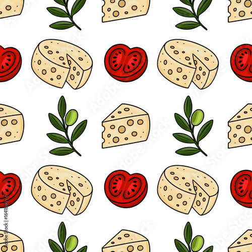 Seamless vector pattern featuring hand-drawn illustrations of cheese wedges, tomato slices, and olive branches, creating a charming and appetizing design.