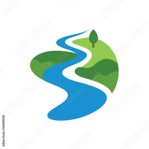 Vector art of winding river flowing through green hills isolated on white background