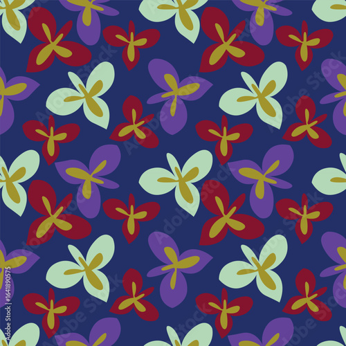 Modern and bold vector seamless pattern with large scale pink flowers on dark blue background. Hand-drawn in doodle style. Textile, background, packaging.
