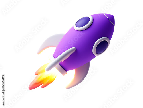 Vibrant 3D purple rocket icon with white fins and fiery orange exhaust representing startup launch or progress
