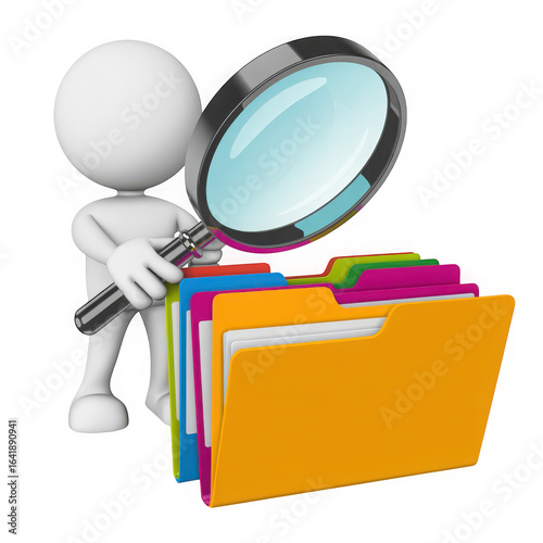 3d man examining files with magnifying glass isolated on transparent background