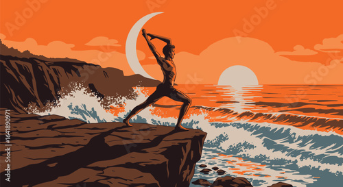 Sunrise Serenity Woman in Yoga Pose on Coastal Cliff at Dawn