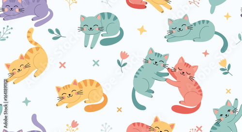 A cute and playful seamless pattern featuring cartoon cats in various poses. Perfect for children's fabric, prints, and wallpaper