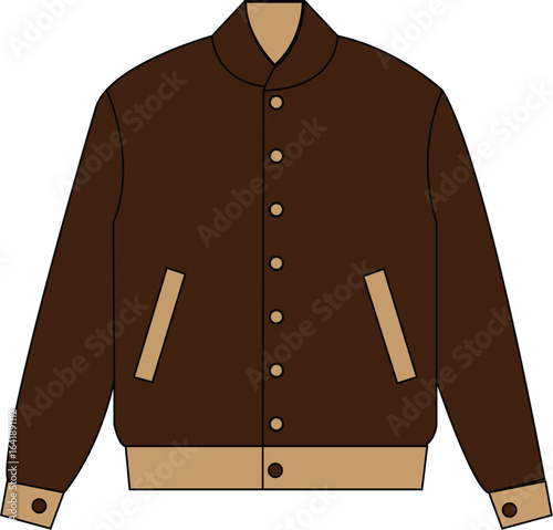 Brown button-up jacket with beige pockets, cuffs, and waistband