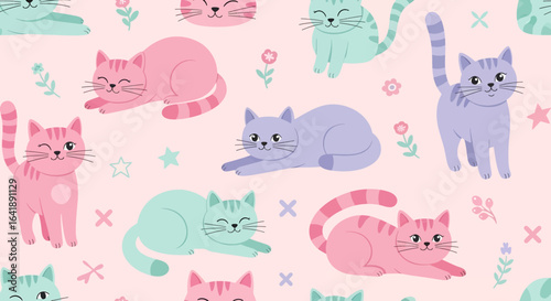 A cute and playful seamless pattern featuring cartoon cats in various poses. Perfect for children's fabric, prints, and wallpaper