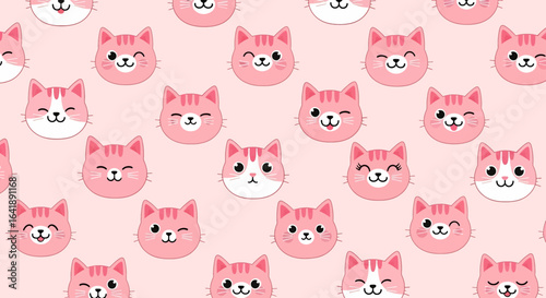 A cute and monochromatic seamless pattern featuring various shades of pink cartoon cat faces with sweet expressions. Ideal for baby-themed projects, textiles, and adorable backgrounds