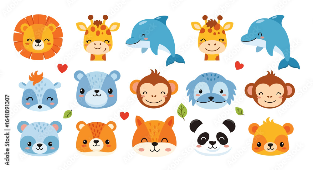 Fototapeta premium A collection of cute cartoon animal faces including a lion, dolphin, giraffe, bear, fox, monkey, panda, raccoon, and squirrel with hearts and leaves