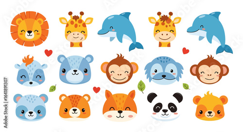 A collection of cute cartoon animal faces including a lion, dolphin, giraffe, bear, fox, monkey, panda, raccoon, and squirrel with hearts and leaves