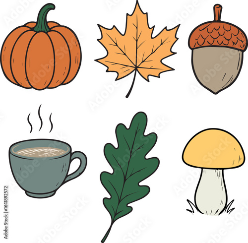 Wallpaper Mural Set of 6 hand-drawn autumn elements in color, vector illustration, perfect for seasonal design, stickers, cards, and prints. Torontodigital.ca