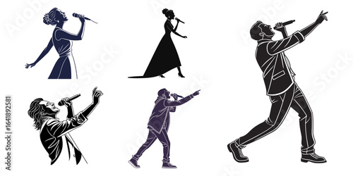 Four male singers in silhouette performing with microphones on stage, Singing silhouette vector of diverse people. Group of singers with microphone. Musical performance concept. Concert, band, choir