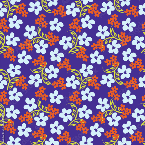 Modern and bold vector seamless pattern with large scale pink flowers on dark blue background. Hand-drawn in doodle style. Textile, background, packaging.
