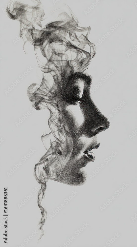 Fototapeta premium Profile of a woman with smoke curling from head in grayscale, evoking surreal dream