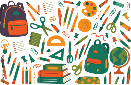 Charming hand drawn collection of school supplies and educational elements perfect for children s stickers and back to school decorations