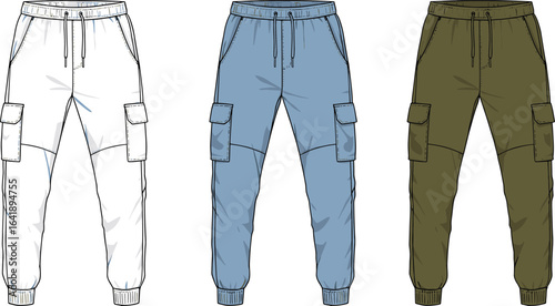 Three color cargo pants front view, elastic waistband, drawstring, side and thigh pockets, cad drawing flat vector illustration, fashion design