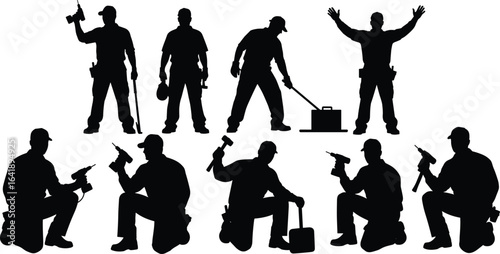 Construction worker silhouette collection, handyman with tools, builder working poses, repairman illustration, tradesman vector art, laborer clipart set, black worker shapes