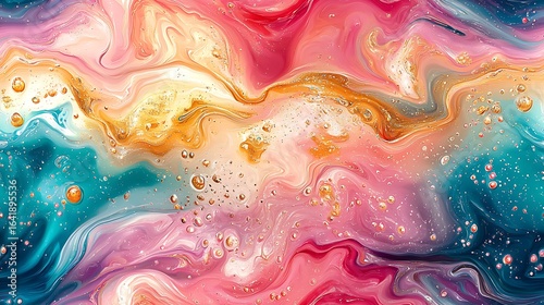 Wallpaper Mural A surreal oil and water interaction with swirling pearlescent hues of pink, teal, and gold, forming mesmerizing bubble-like organic shapes. Torontodigital.ca