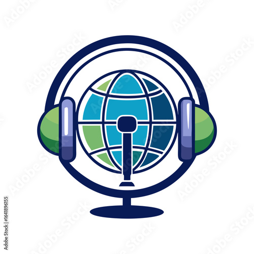 Microphone and Headphones Over Globe Symbolizing Global Radio Communication Vector