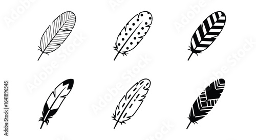 Tribal Feather Icon Set � Six Black and White Patterned Feather Vectors