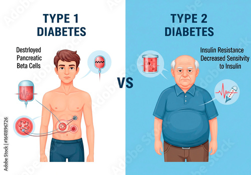 Type 1 vs Type 2 Diabetes Infographic - Key Differences in Symptoms and Treatment Illustration