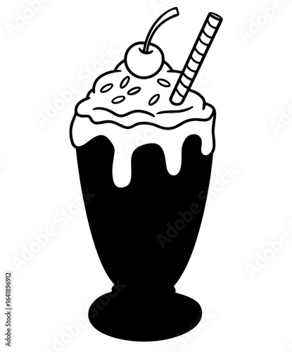Milkshake in a Tall Glass with Whipped Cream or Ice Cream, Dripping Topping, a Cherry, and Striped Straw.
