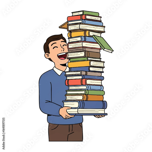 A happy man joyfully holding a towering stack of colorful books, smiling widely.