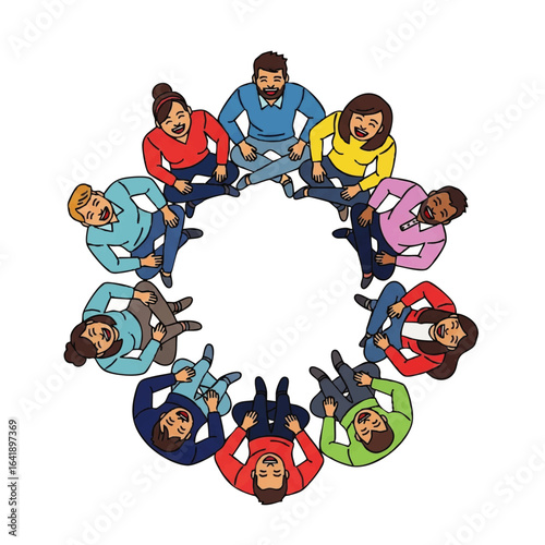 Overhead view of diverse people sitting in a circle, engaged in a group meeting or discussion.