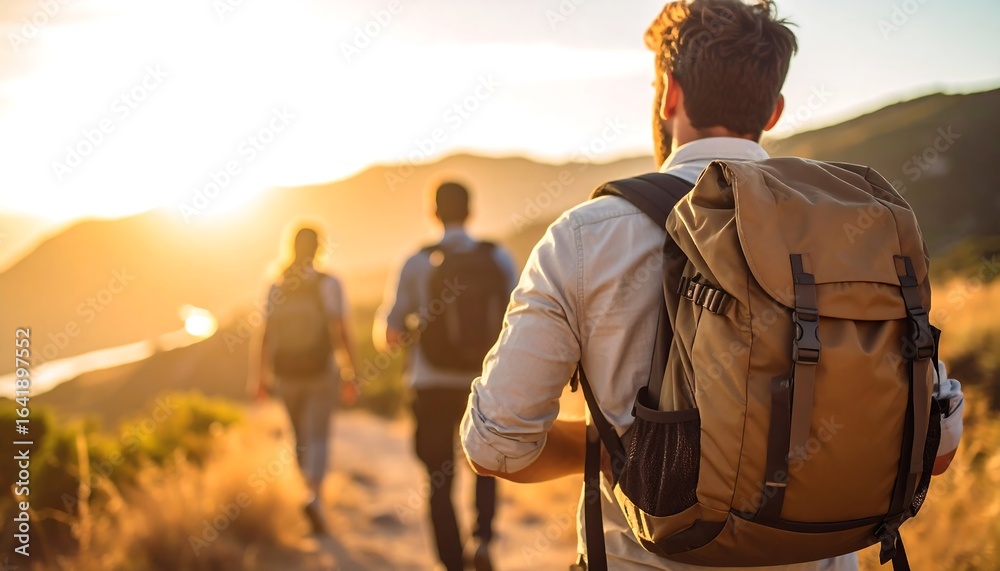 Fototapeta premium Hikers on a trail at sunset
