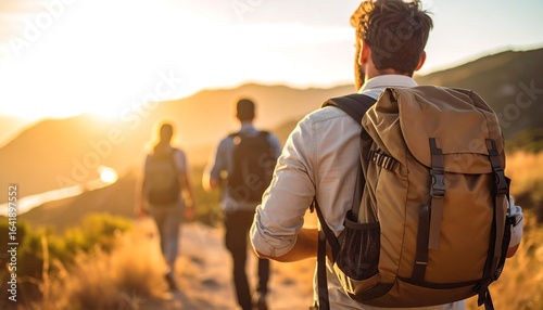 Hikers on a trail at sunset
