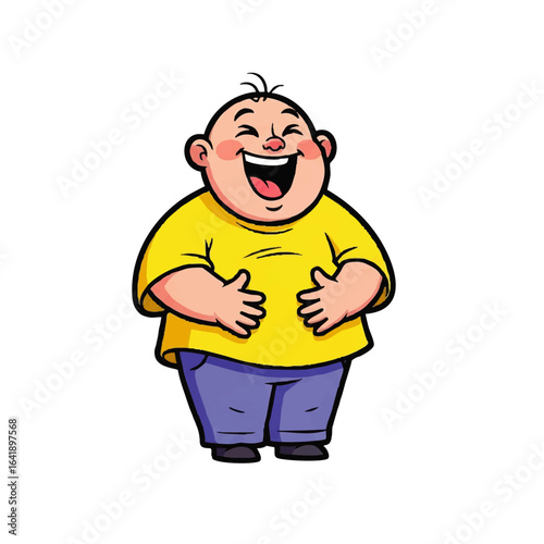 A cartoon illustration of a chubby, smiling boy with his hands on his stomach, laughing heartily.