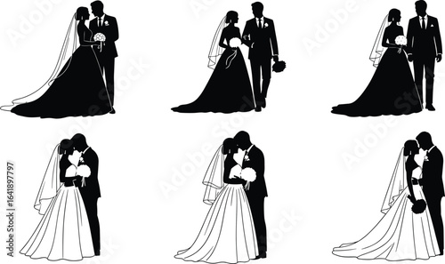 Wedding couple silhouette, bride and groom illustration, romantic marriage vector art, newlyweds holding hands, wedding dress and suit, love celebration design