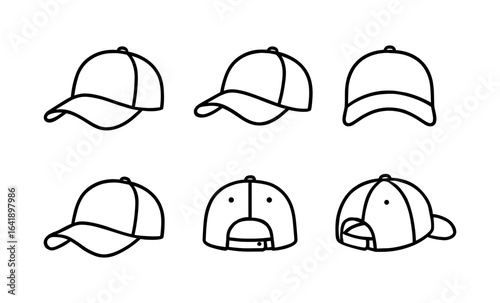 Outline baseball caps from various angles in minimalist style