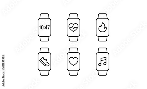Minimalistic smartwatch icons set featuring fitness and music symbols