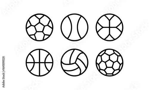 Minimalist line art of sports balls: soccer, basketball, volleyball icons