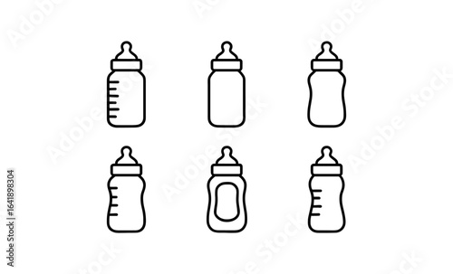 Set of six linear baby bottle icons in black and white
