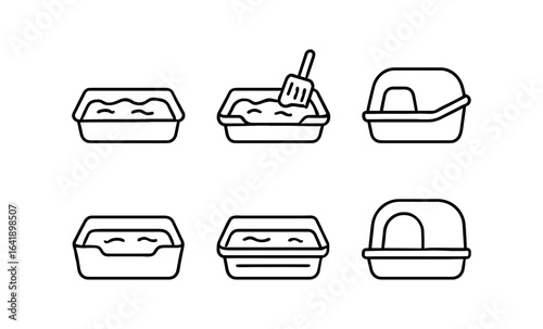 Set of simple linear cat litter box icons with scoop and covered options