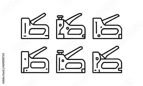 Set of six staple gun icons in simple black outline style