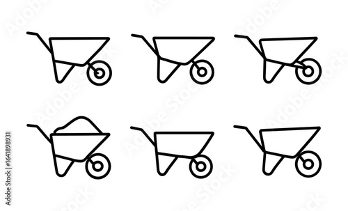 Minimalist wheelbarrow icons set: linear garden and construction tools