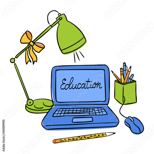 Blue laptop with the word education on the screen, surrounded by a desk lamp, pencil, mouse, and pen holder. Concept of online learning, study, and digital education tools