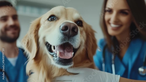 A close-up shot happy golden retriever at veterinary clinic, being held by vet staff wearing protective gloves, scrubs, indicating health check-up, supportive animal-care environment