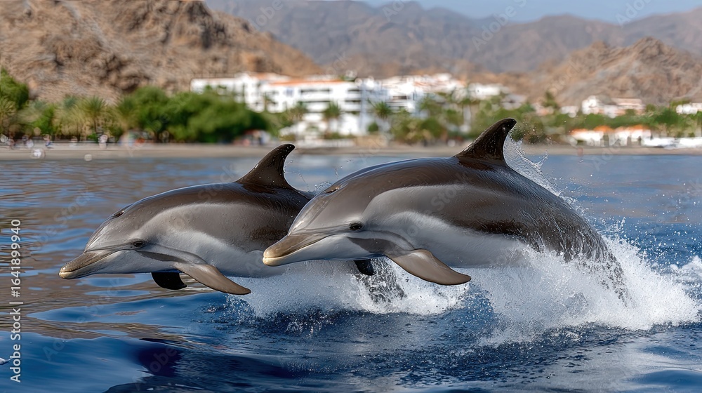 Obraz premium Two dolphins leap gracefully from the vibrant water, creating splashes against a backdrop of blue sea and lush surroundings