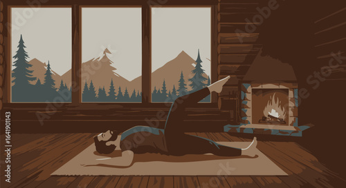 Man practicing a yoga or pilates routine in a cozy wooden cabin with a scenic mountain view and a warm fireplace illustration.