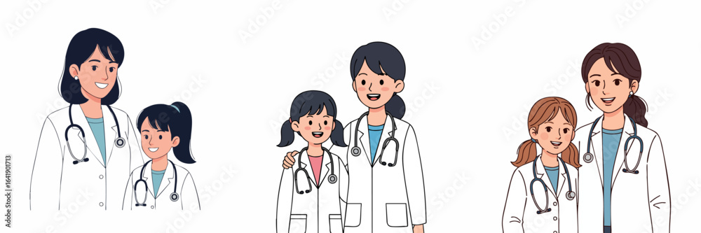 Handdrawn Flat Style Mother and Daughter Doctors Illustration Icon Asset Handdrawn Flat Style Mother and Daughter Doctors Illustration Icon Asset