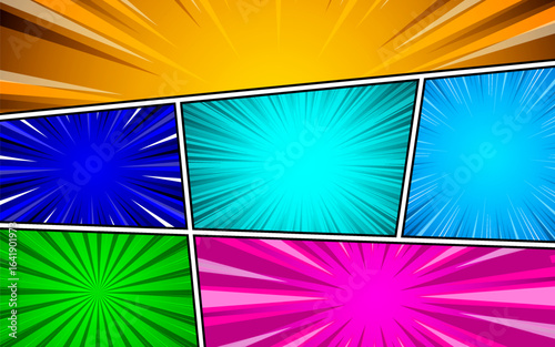 Comic page frames. Blank superhero comic book pages with radial or striped backgrounds, funny strips, different pop page compositions.
