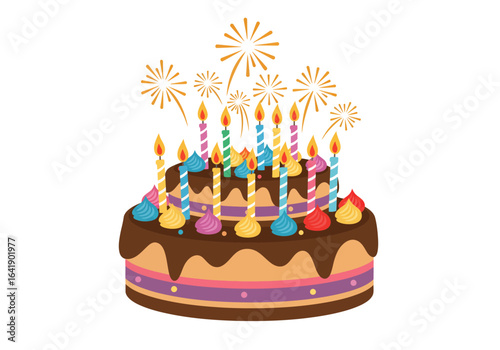 Two-Tiered Birthday Cake with Candles and Sparklers Illustration